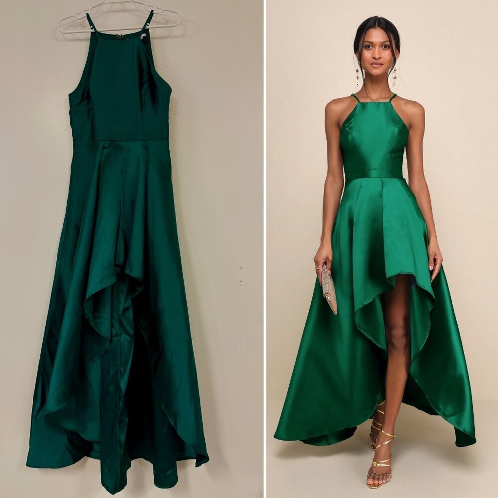 Lulus Broadway Show Emerald Green Taffeta Spaghetti Straps High-Low Dress Gown - Picture 1 of 6